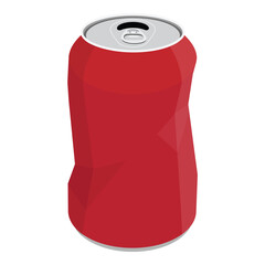Crushed soda tin can isolated on white background. Red broken aluminum beer can, trash