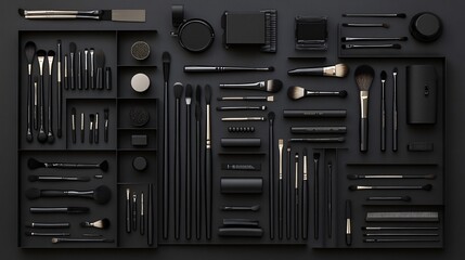 Makeup artist tools and brushes organized in flat lay style made with Generative AI technology