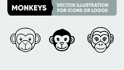 Monkey Line Icons Collection – Minimalist Vector for Logo, App, or UI Design – Linear Silhouette