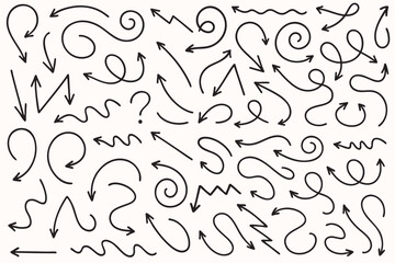 Hand-drawn vector arrows set. Collection of sketchy curved, wavy, spiral, and zigzag arrows on a light background. Doodle style design elements.