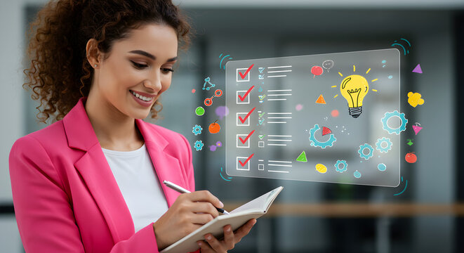 Woman in pink blazer writing in notebook with checklist and lightbulb graphic overlaying the scene . linear icon collection. editable stroke icons. vector illustration 