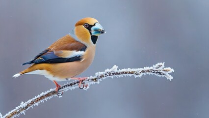 Fototapeta premium A small bird sitting on a branch covered with frost and ice, showcasing its piercing beak and fluffed feathers to cope with the winter conditions.