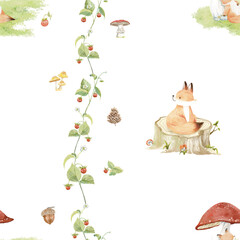 Cute watercolor fox seamless pattern in a forest theme. Ideal for baby products, nursery designs, and kids’ fabrics.