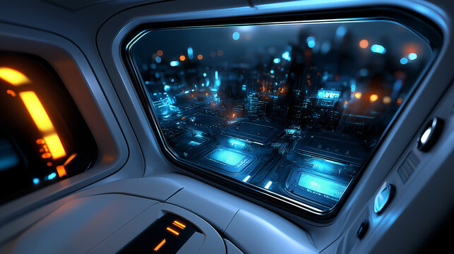 Futuristisches Raumschiff-Cockpit mit Blick auf n&auml;chtliche Stadt mit blauen Lichtern