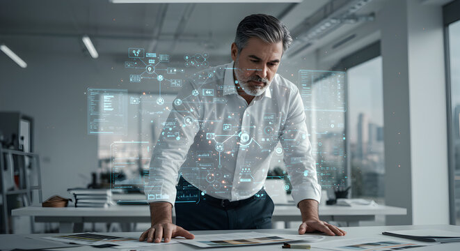 Man in white shirt looking at futuristic interface on desk in office with city view in background . linear icon collection. editable stroke icons. vector illustration 