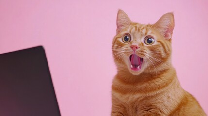 Astonished Ginger Cat Before Laptop on Pink Background