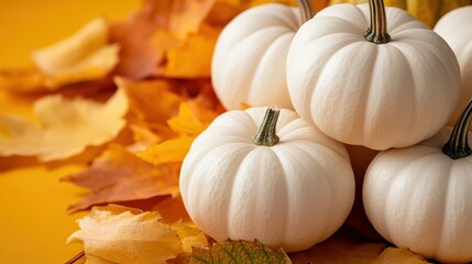 Elegant white pumpkins stand prominently on a vibrant yellow background, surrounded by autumn leaves, exuding a charming appeal synonymous with seasonal festivities.