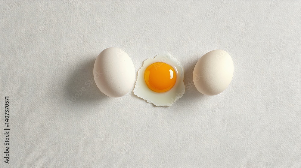 Aufkleber Two whole white eggs flanking a fried egg on a white background create a minimalistic composition, showcasing the transformation and versatility of a simple ingredient