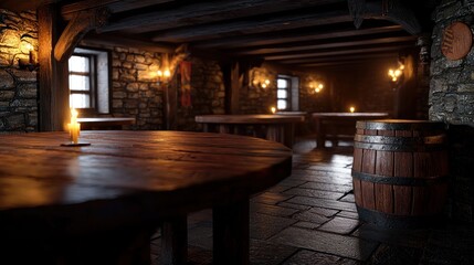 Medieval tavern interior, dimly lit, with wooden tables and candles