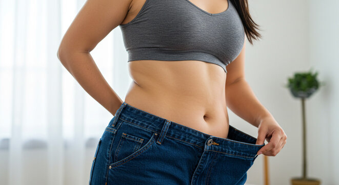 Woman s weight loss success story loose jeans healthy lifestyle choice bright interior soft light