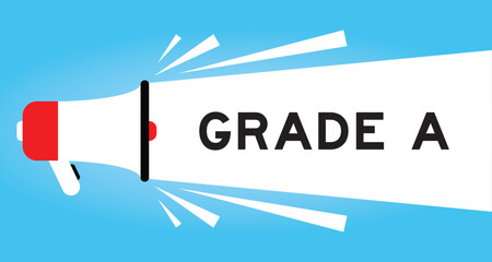 Color megaphone icon with word grade a in white banner on blue background