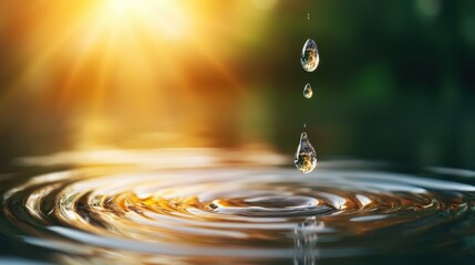 This mesmerizing image showcases droplets falling into a pond with warm golden sunlight, creating stunning ripples that enhance feelings of peacefulness and connection with nature.