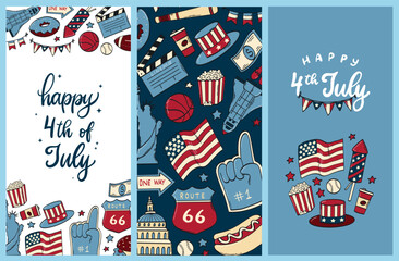 4th of July lettering quotes decorated with doodles for vertical banners, cards, posters, invitations, social media decor, templates, etc. EPS 10