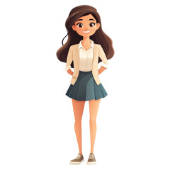 Fototapeta premium A smiling girl in a beige jacket white shirt and teal skirt stands with hands in pockets