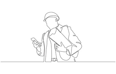 Engineering outline character line art illustration hand drawn engineer holding blueprint document, Continuous line drawing of project workers and construction activities.