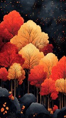 Vibrant Autumn Trees in Red and Orange Against Dark Starry Background with Scattered Leaves and Rocky Ground

