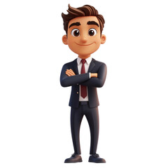 Obraz premium Confident cartoon businessman standing arms crossed smiling wearing suit and tie