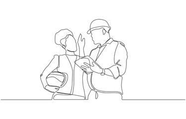 Engineering outline character line art illustration hand drawn engineer holding blueprint document, Continuous line drawing of project workers and construction activities.