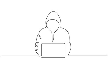 One line continuous hacker cyber security symbol concept, One line continuous cyber security hacker symbol. Silhouette of online financial security thief. vector illustration.
