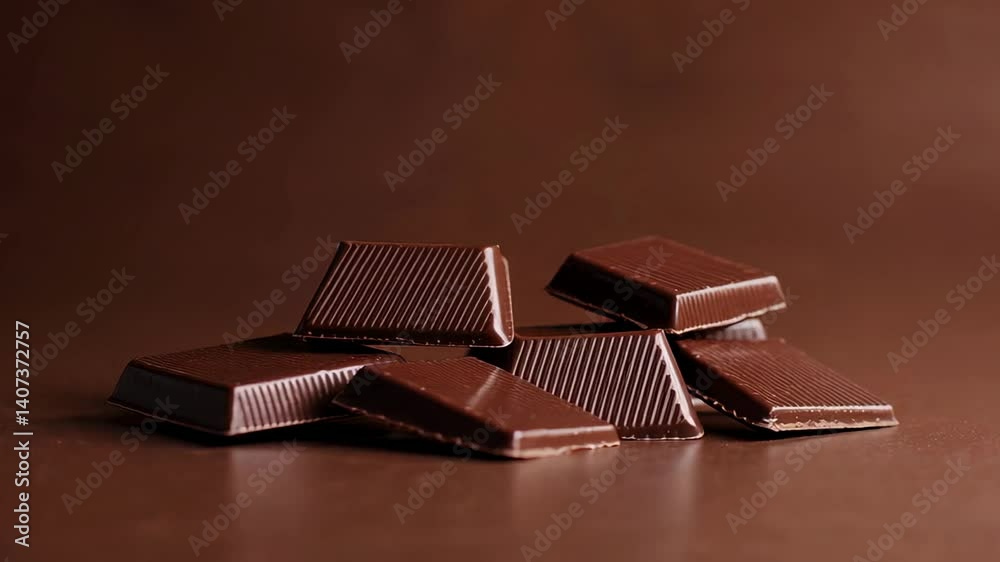 Poster small pieces of dark chocolate are arranged on a brown background, creating an aesthetically pleasin