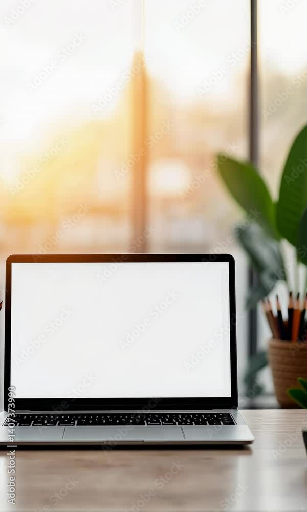 Poster Sunlight illuminates a modern workspace featuring a laptop with a blank screen, providing a template for designers and businesses to showcase their content in a realistic office setting
