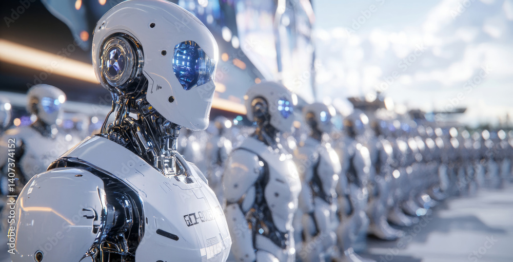 Poster A line of advanced synthetic robots stands in a sleek, modern environment.