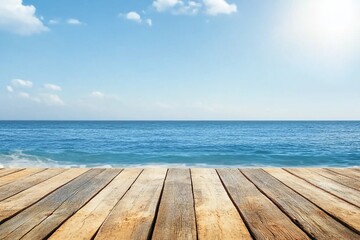 Beautiful wooden floor and blue background, sea water and sky.