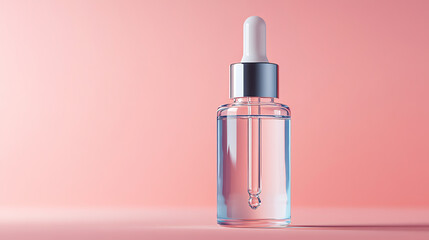 Naklejka premium Premium skincare serum bottle mockup in crystal clear glass with dropper, featuring glowing serum liquid. Perfect for luxury beauty brands & high-end aesthetic presentations