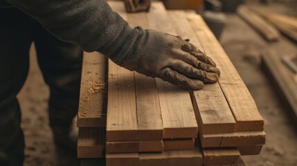 Construction laborer placing wooden planks for scaffolding. Featuring teamwork and strength