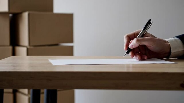 Businessman's hand writing on a blank document at a wooden desk, with cardboard boxes stacked in the background, suggesting a shipping or e commerce environment