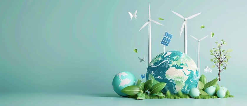Earth Day concept with renewable energy elements (wind turbines, solar panels, electricity icons) and global motif on neutral background