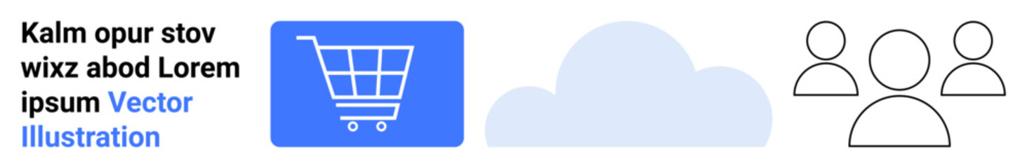 Blue shopping cart, cloud, and outlined user group icons represent online shopping, data storage, user networks. Ideal for e-commerce, cloud computing, digital collaboration, user interaction