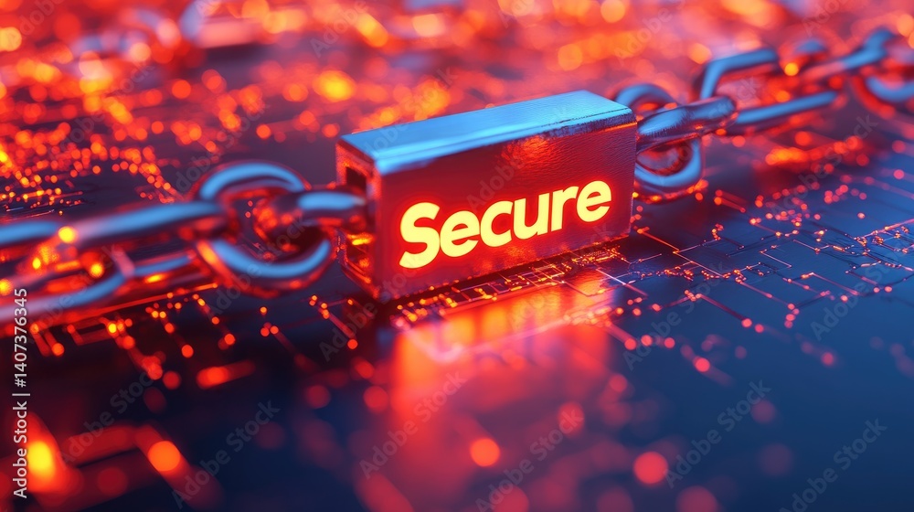 Poster secure data protection concept illuminated padlock secured with a chain on a digital circuit board b