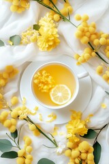 A soothing cup of lemon tea enhanced by vibrant yellow flowers, creating a serene and refreshing atmosphere.