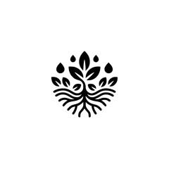 Eco-Friendly Circular Logo: Tree with Leaves, Roots, & Water Drops on White