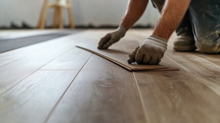 Flooring installer preparing the floor for laminate installation. Featuring precision and detail