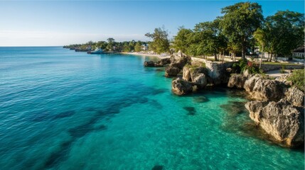 Fototapeta premium A picturesque ocean scene with turquoise water, cliffs, and trees.