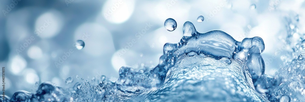 Poster dynamic formation of water droplets representing a muscular body in an abstract style with blue and 