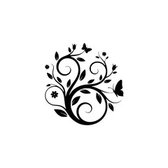 Elegant Black Floral Design with Butterflies on White Background