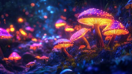 Glowing fantasy mushrooms in magical forest night scene art dark purple orange nature vibrant digital