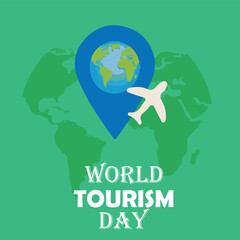 World Tourism Day. Travelling creative concept  with an airplane and navigation icons isolated on a green background. World map in background. EPS editable file.