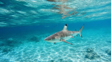 Fototapeta premium A shark swims underwater in the ocean.