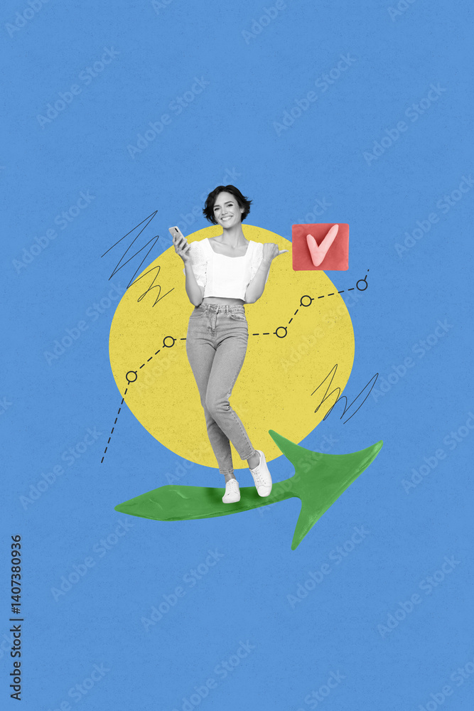 Aufkleber poster creative collage of person stand pointer with check mark on blue background