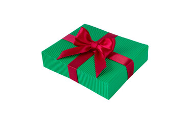 Christmas gift box with satin bow isolated transparent png. Green gift box tied with red silk ribbon.