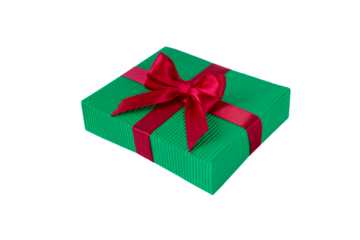 Christmas gift box with satin bow isolated transparent png. Green gift box tied with red silk ribbon.