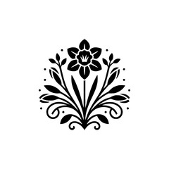 Elegant Daffodil Floral Emblem, Black and White, Minimalist Design