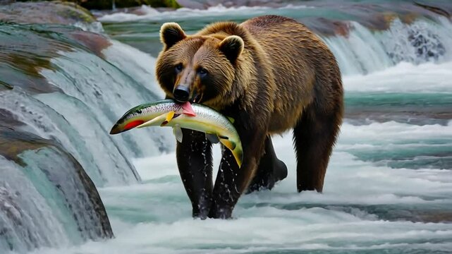 Bear hunting salmon in the river.
