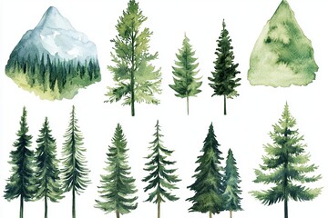 Fototapeta premium Watercolor illustration of mountain landscapes and pine trees on a white background