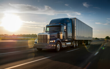 Semitrailer Truck on Highway: A powerful semi-trailer truck races down a highway with the sun setting behind it, creating a sense of motion, purpose, and long-haul trucking.  