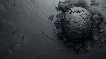 Earth Day concept with environmental pollution elements (industrial smoke, oil spill, plastic waste) and cracked globe motif on charcoal gray background